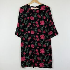 Equipment Femme Black Pink Rose Floral 3/4‎ Sleeve Sheath Dress Women's Sz Small